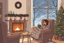 woman reading cozy romance books by Christmas fireplace
