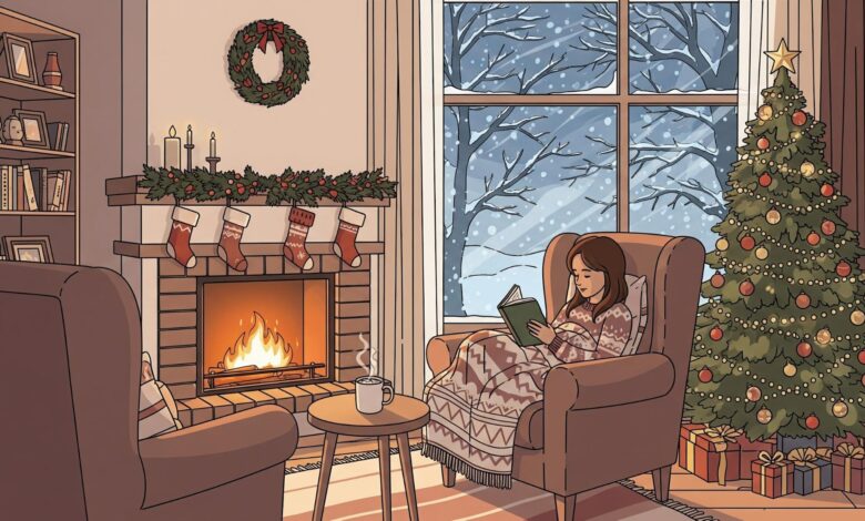 woman reading cozy romance books by Christmas fireplace