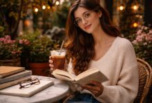young woman reading in a library showing the literary it-girl trend