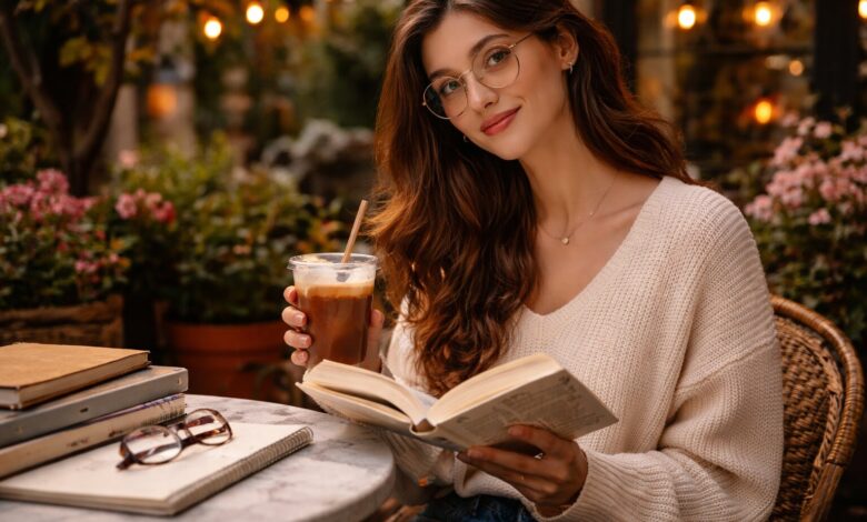 young woman reading in a library showing the literary it-girl trend