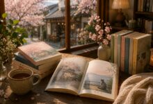 healing fiction books from Japan and South Korea displayed in a modern bookstore in 2026