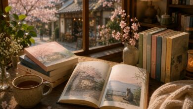 healing fiction books from Japan and South Korea displayed in a modern bookstore in 2026