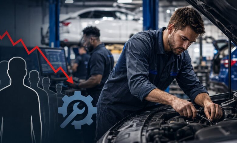 automotive technician working on complex vehicle as dealerships face growing skilled worker shortage