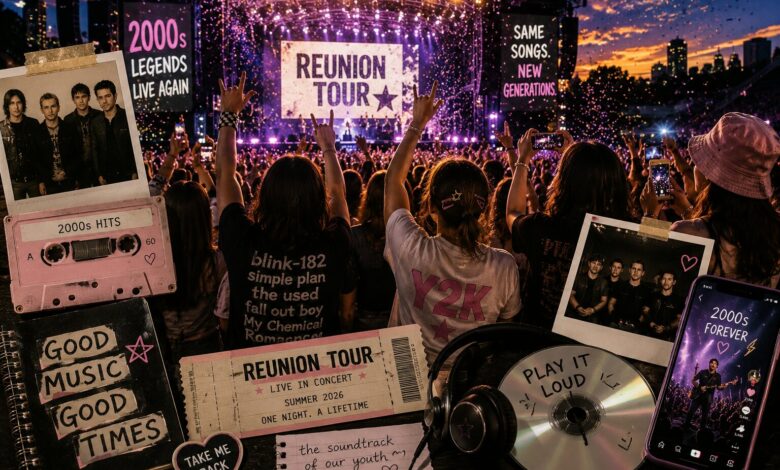 Fans enjoying a 2000s music reunions concert during a sold-out summer tour