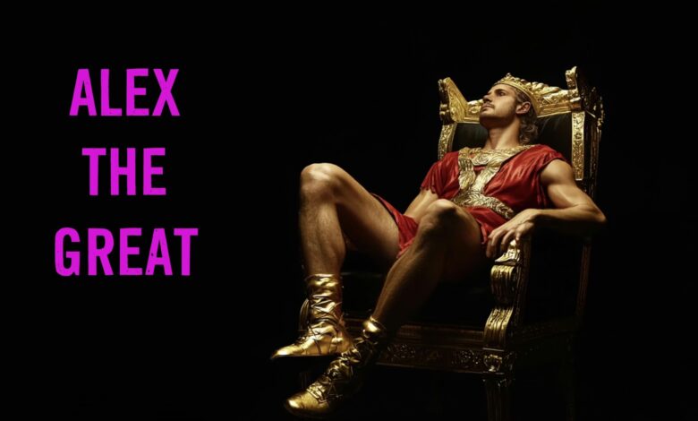 Alexander the Great on a golden throne as a symbol of narrative leadership
